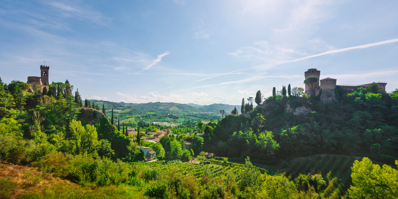 Brisighella, vineyard, Manfrediana fortress and clock tower. Emilia Romagna, Italy.